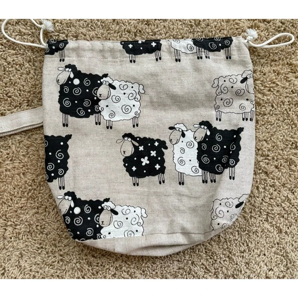 Linen Drawstring Bag Beige With Sheep Print Great For Knitting Crochet Projects